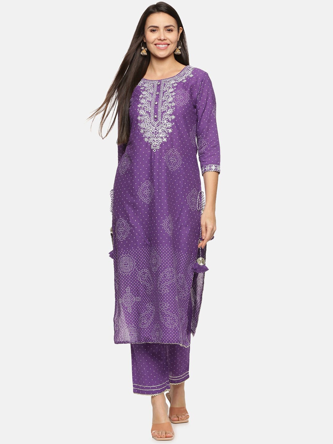 

Palakh Women Purple Bandhani Embroidered Pure Cotton Kurta with Trousers