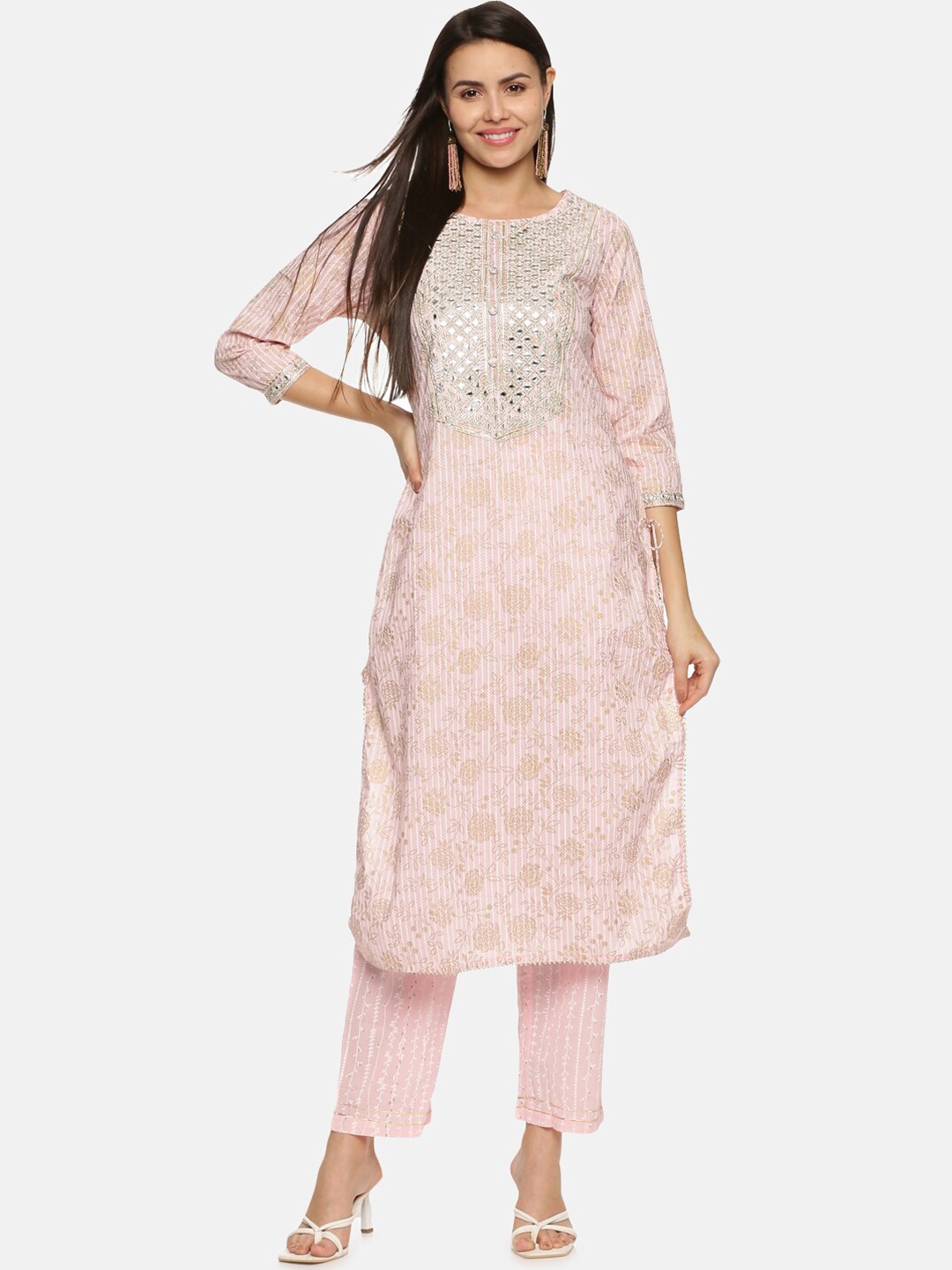

Palakh Women Pink Bandhani Embroidered Mirror Work Pure Cotton Kurta with Trousers