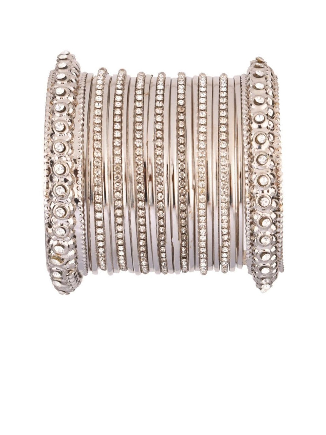 

Efulgenz Set Of 25 Rhodium-Plated Stone Studded Bangle, Silver