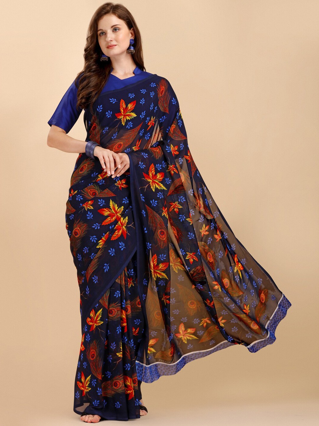 

Sangria Blue & Orange Floral Pure Georgette Saree