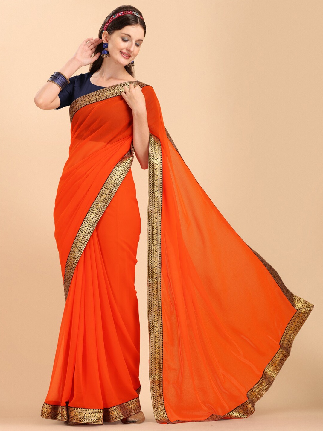 

Sangria Orange & Gold-Toned Zari Pure Georgette Saree