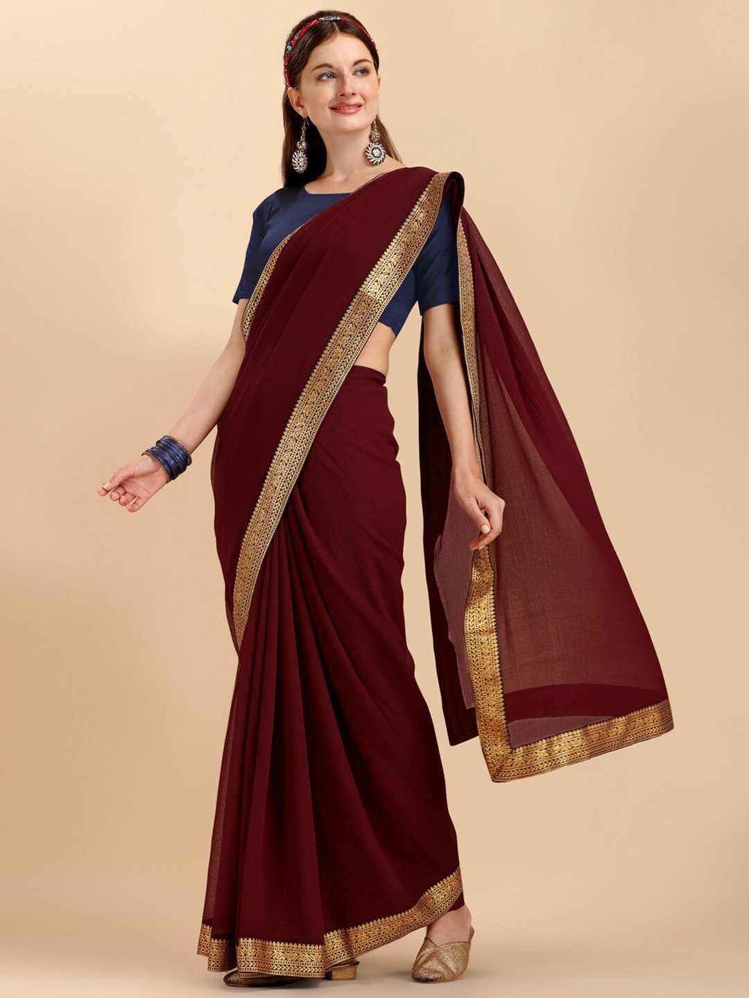 

Sangria Brown & Gold-Toned Zari Pure Georgette Saree