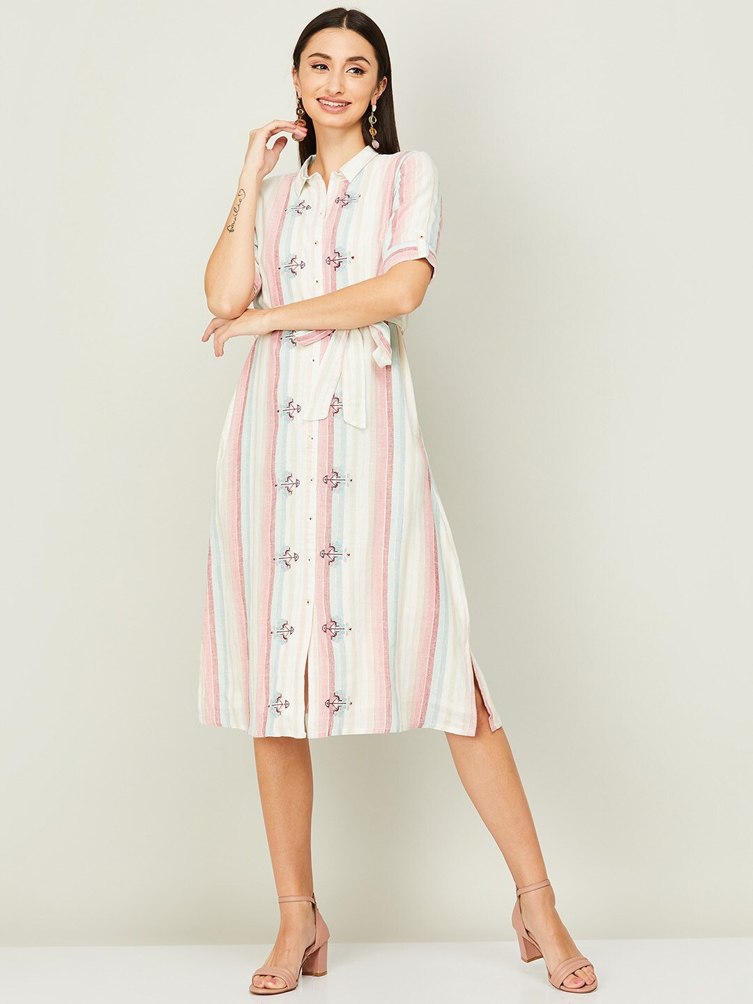 

Colour Me by Melange Women White Striped Shirt Midi Dress