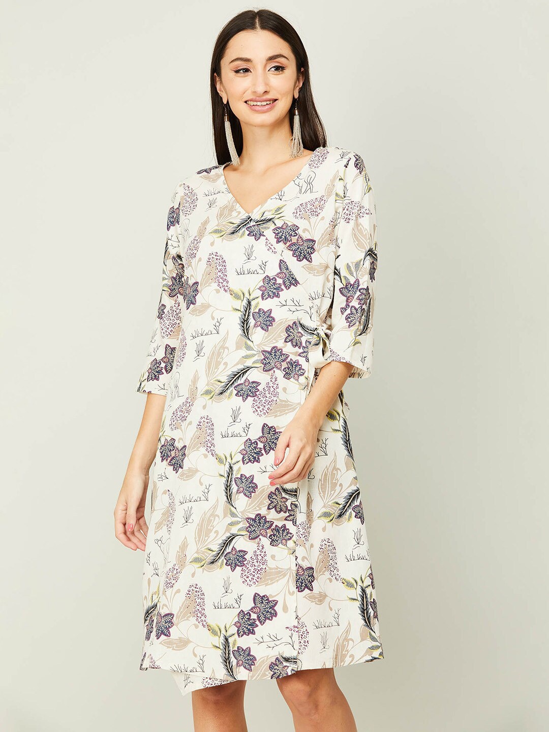 

Colour Me by Melange White Wrap Printed Floral Tie -Ups Dress