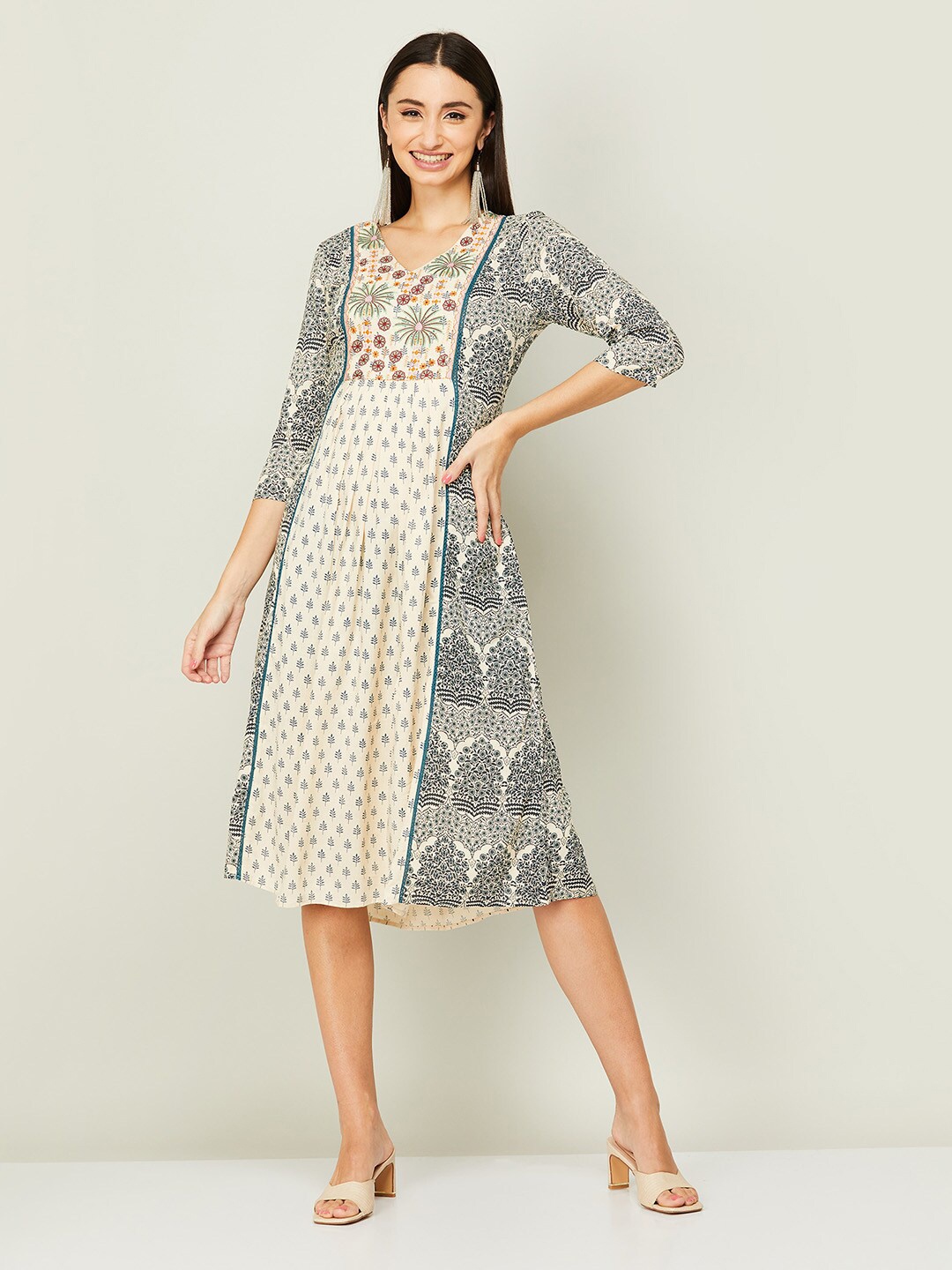 

Colour Me by Melange Women Cream & Teal Printed Ethnic A-Line Dress