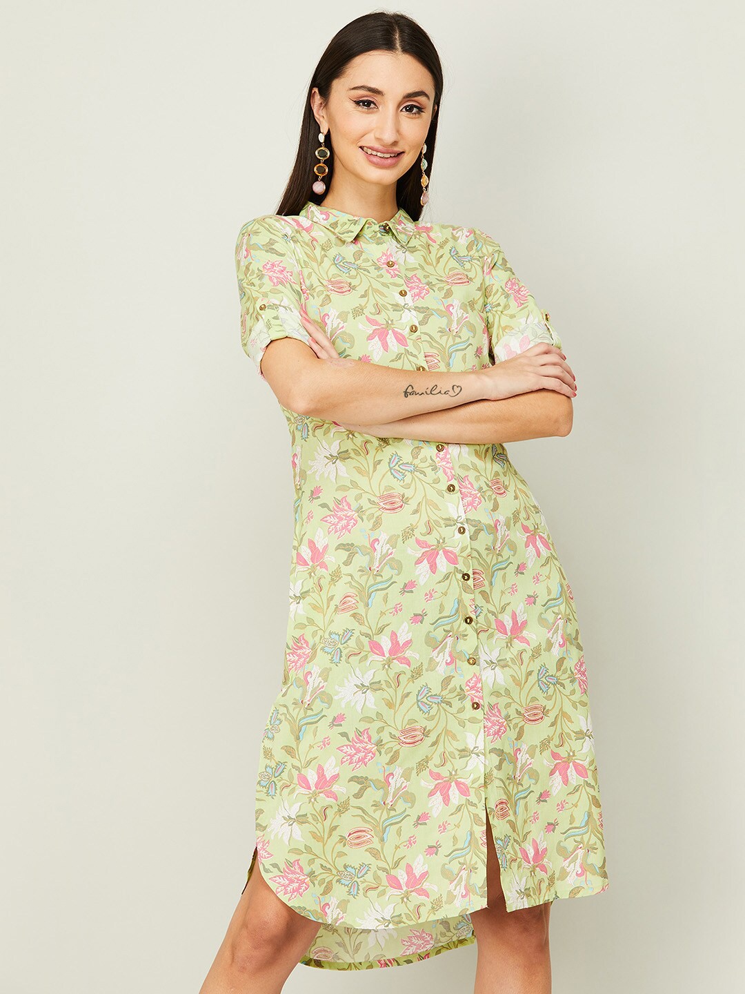 

Colour Me by Melange Women Green Floral Printed Viscose Rayon Shirt Dress