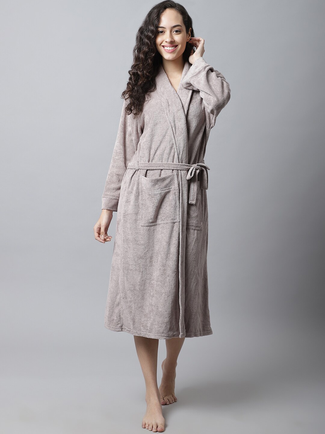 

ELEVANTO Women Grey Solid Bath Robe