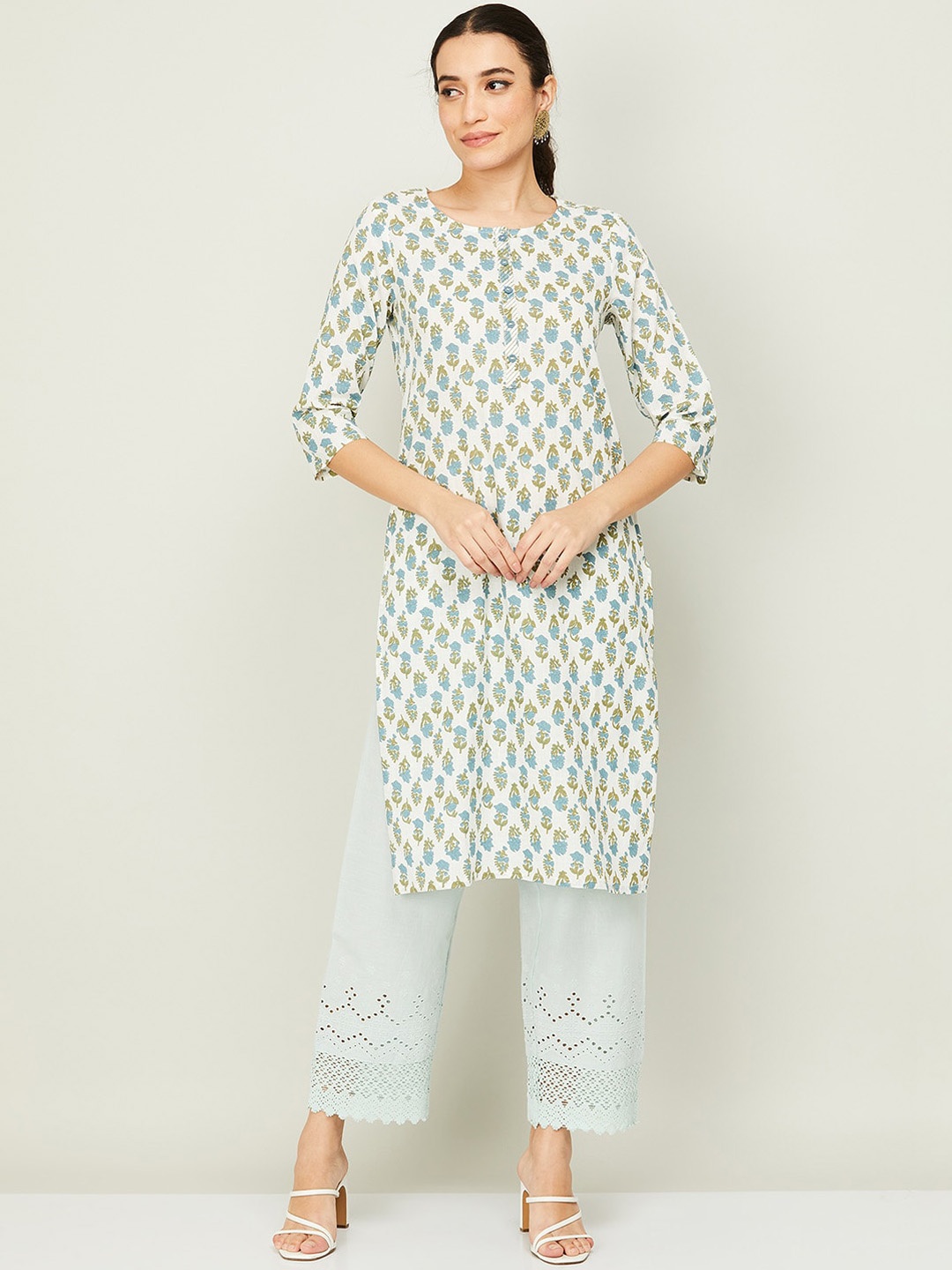 

Melange by Lifestyle Women White & Blue Ethnic Motifs Printed Kurta