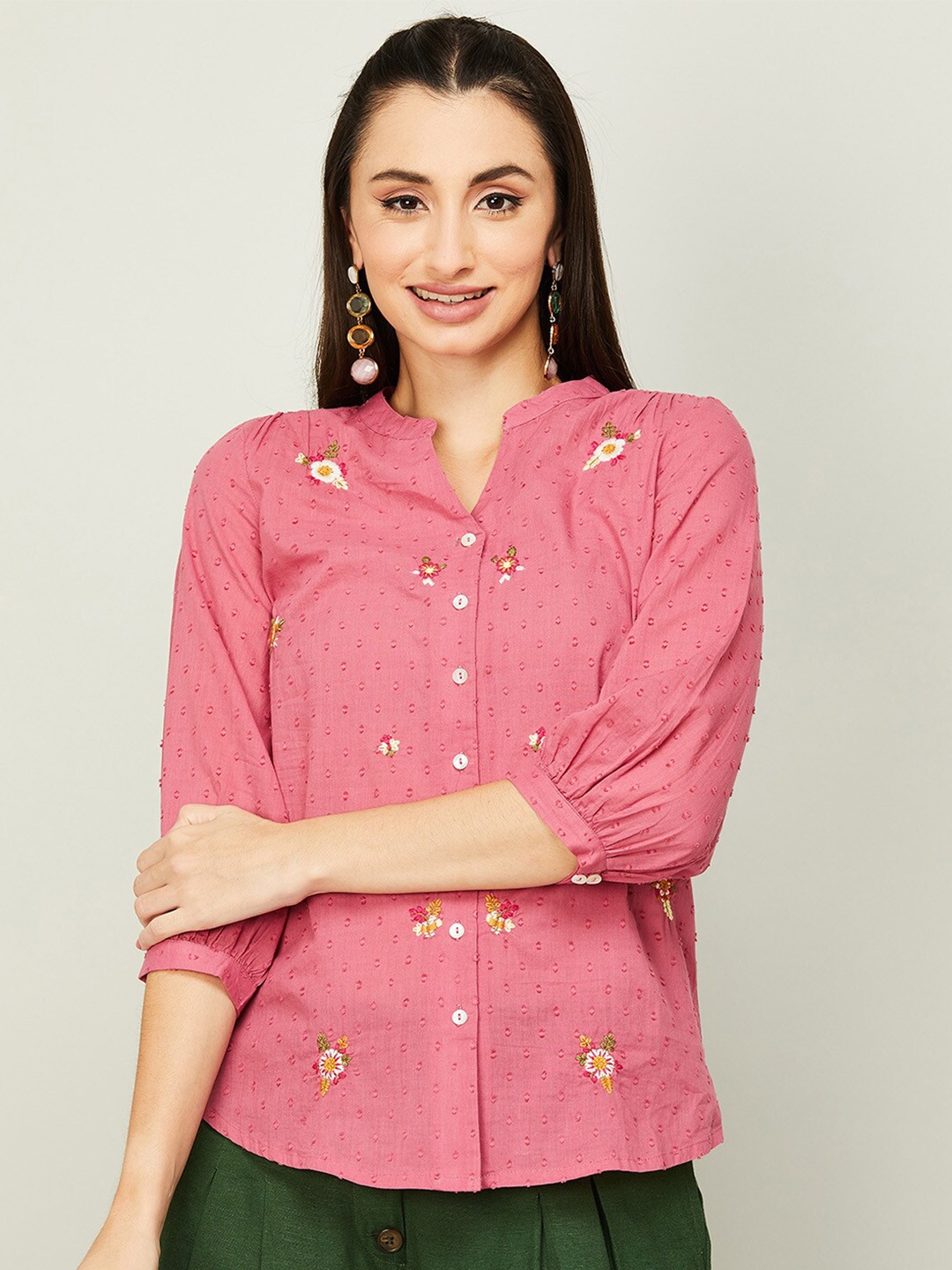 

Colour Me by Melange Pink Floral Striped Mandarin Collar Shirt Style Pure Cotton Top, Peach