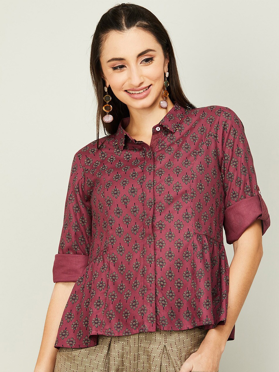 

Colour Me by Melange Red Floral Print Roll-Up Sleeves Shirt Style Top