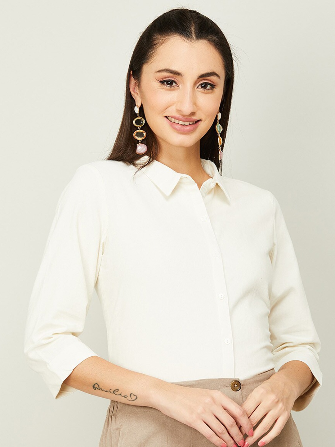 

Colour Me by Melange Off White Pure Cotton Shirt Style Top
