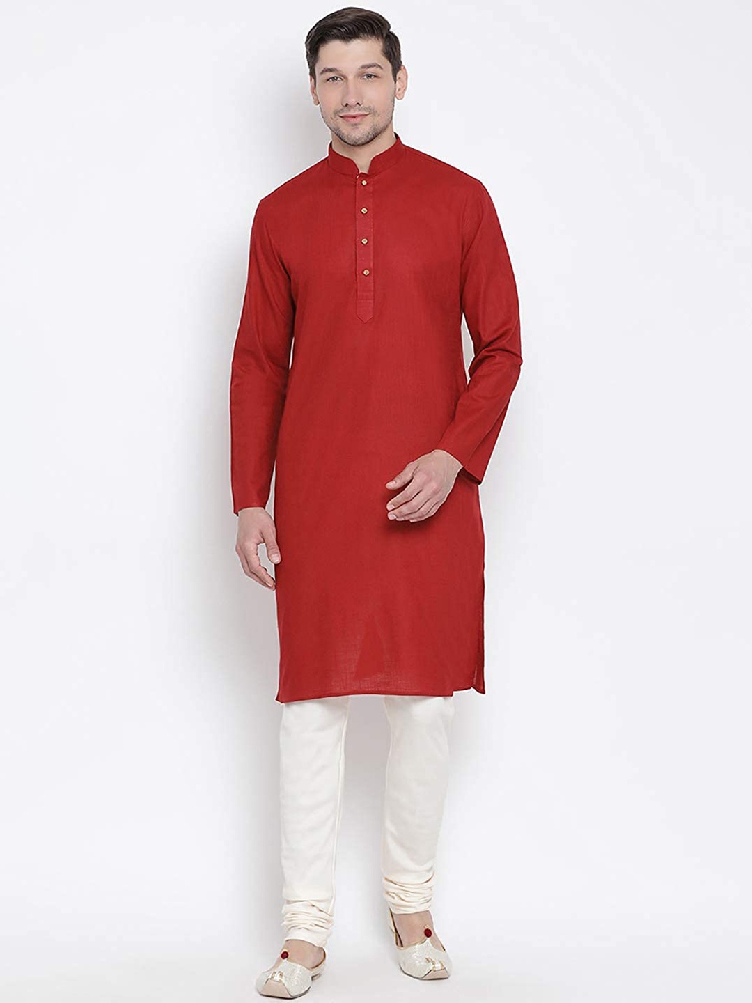 

ROYAL KURTA Men Red & White Solid Pure Cotton Straight Kurta with Churidar