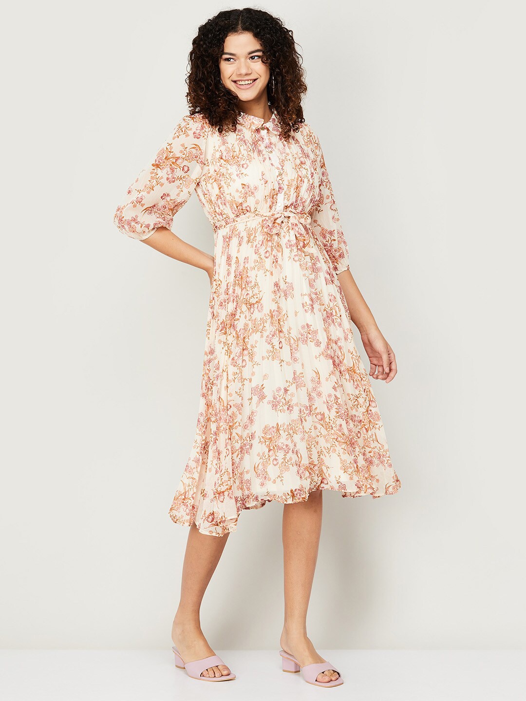 

CODE by Lifestyle Women White & Orange Floral Midi Dress