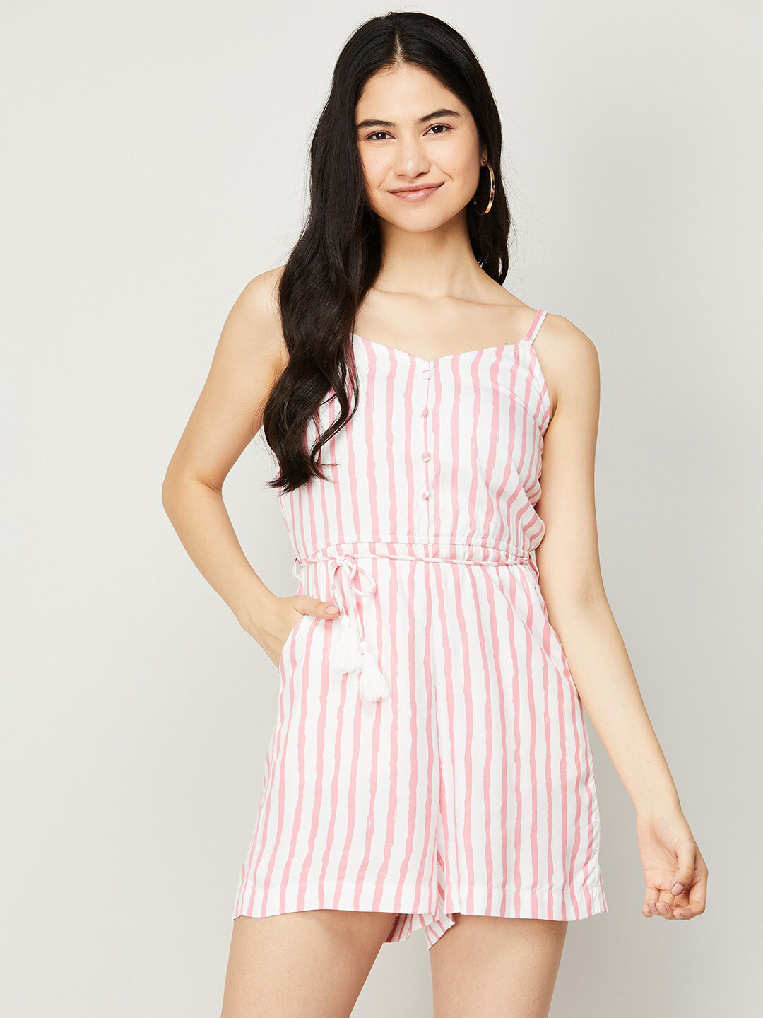 

Ginger by Lifestyle White Striped Viscose Rayon Playsuit