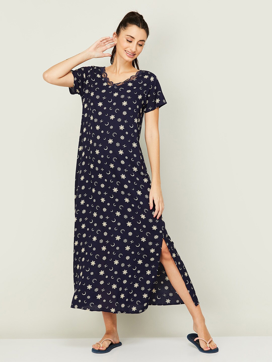 

Ginger by Lifestyle Women Navy Blue Printed Viscose Rayon Maxi Nightdress