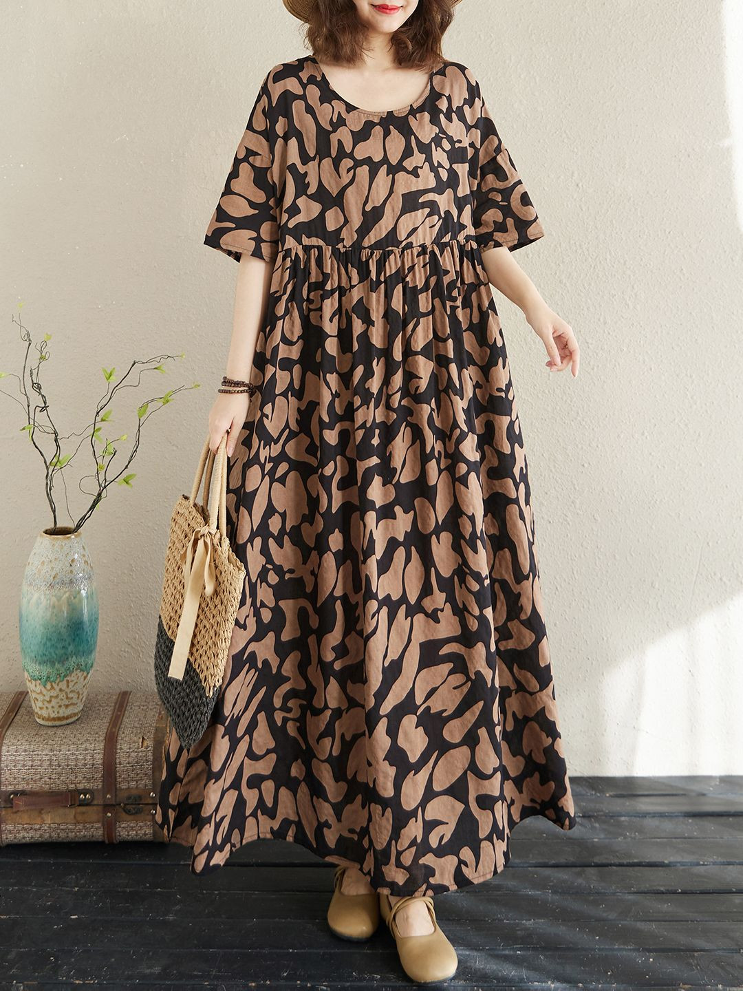 

JC Mode Women Ethnic Motifs Printed Gown Dress, Brown