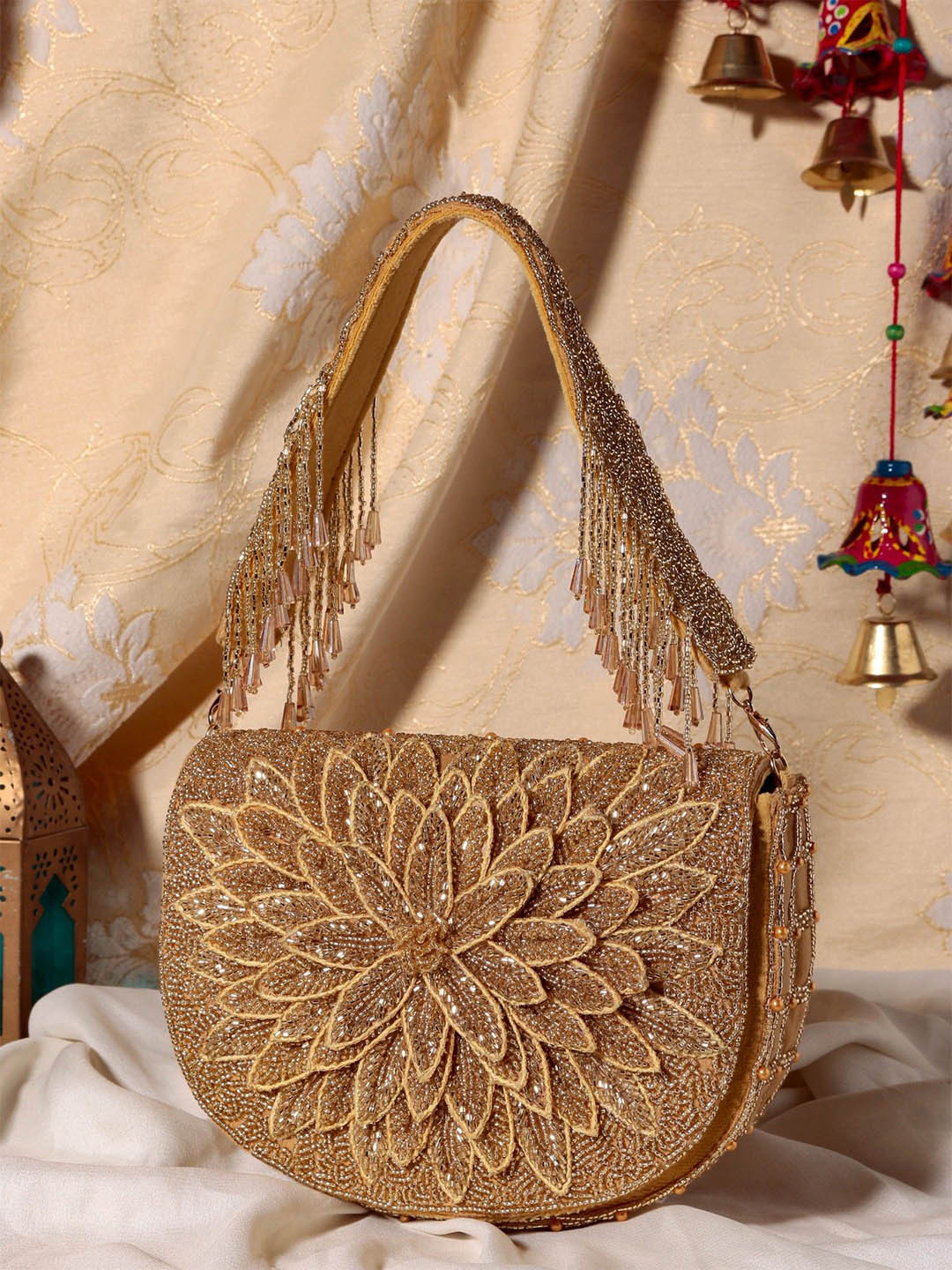 

Swisni Embroidered Beads & Stones Work Flap Shaped Clutch, Gold