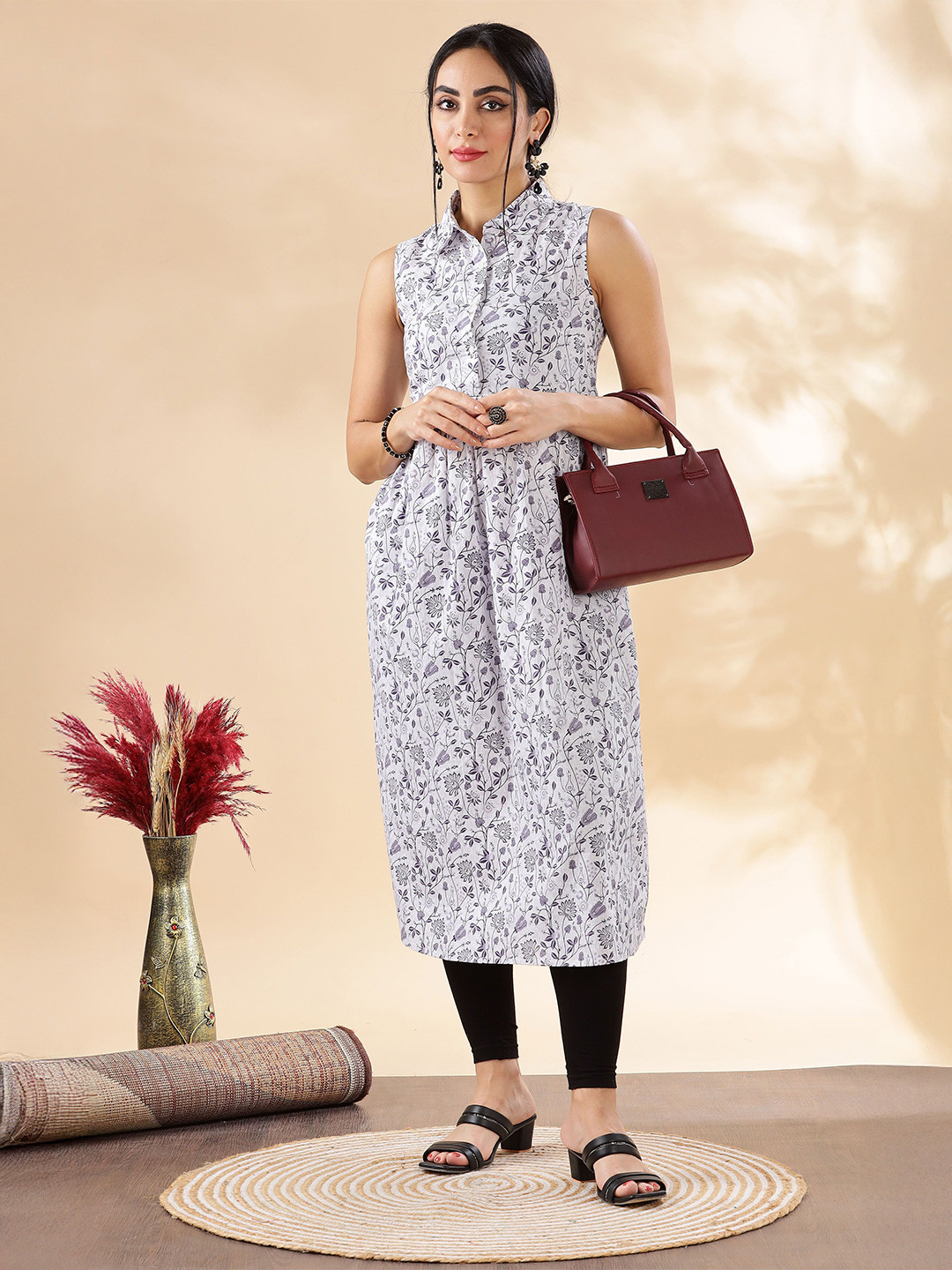 Anouk Floral Printed Shirt Collar Pure Cotton A-Line Kurta