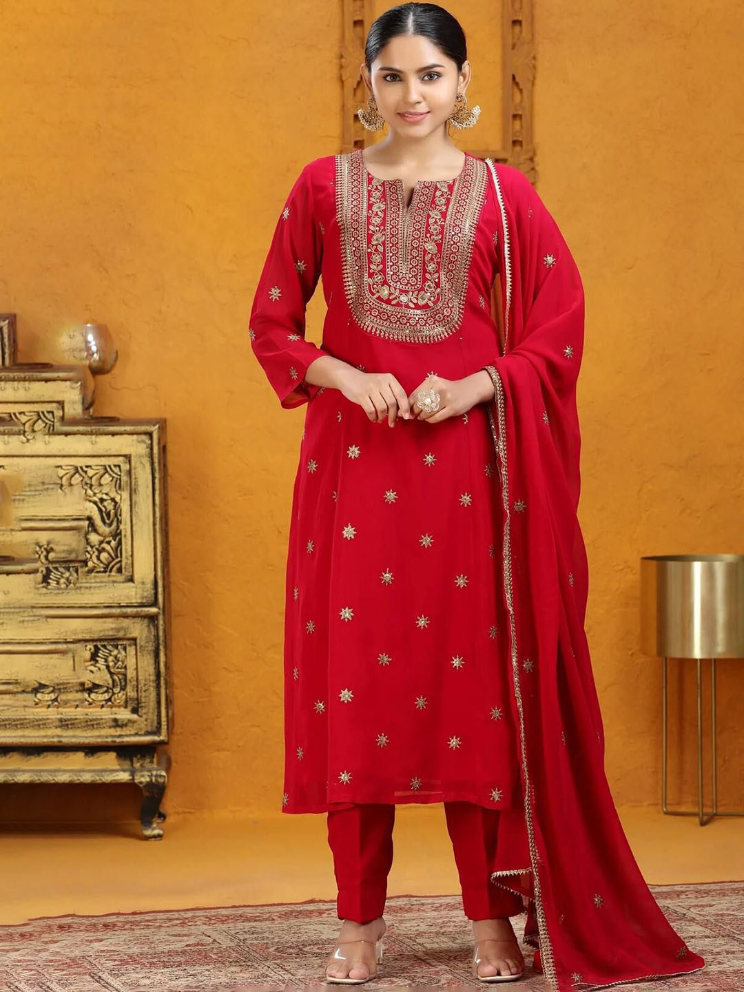 

COTTON CULTURE Embroidered Straight Silk Georgette Kurta With Trousers And Dupatta, Maroon