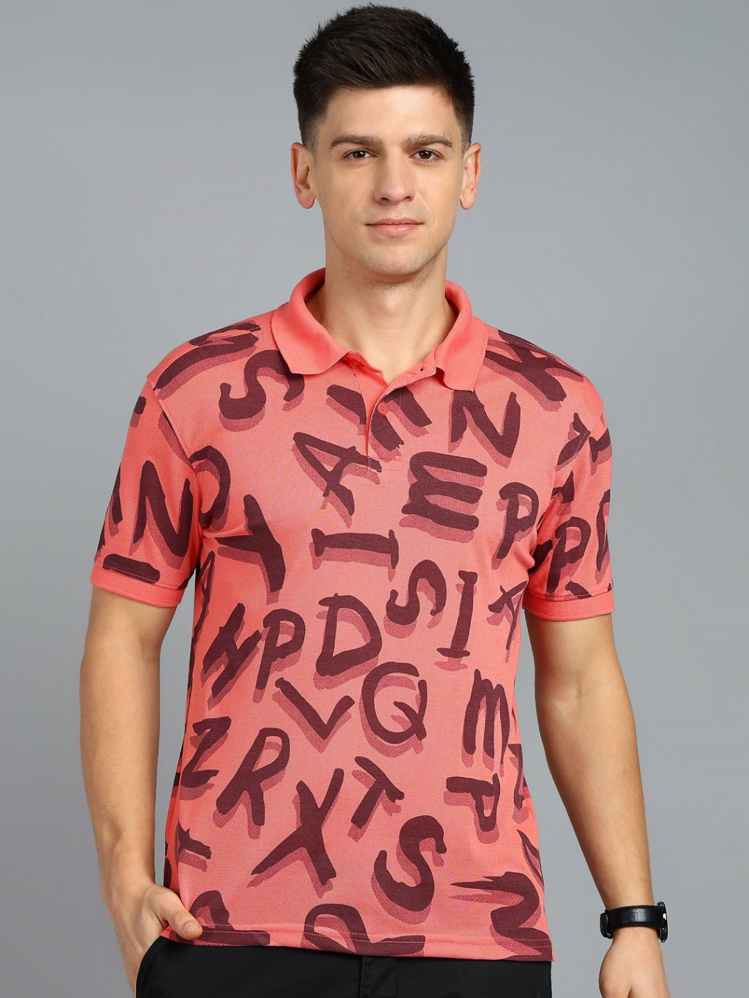 

XFOX Men Typography Printed Polo Collar Cotton T-shirt, Coral