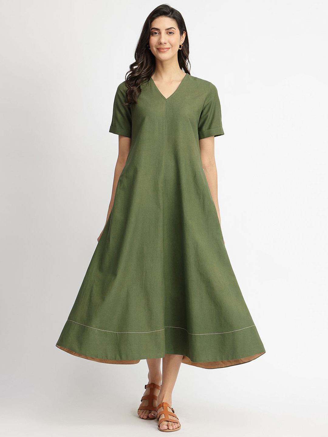 Pink Fort Olive Linen Blend Solid A-Line Dress