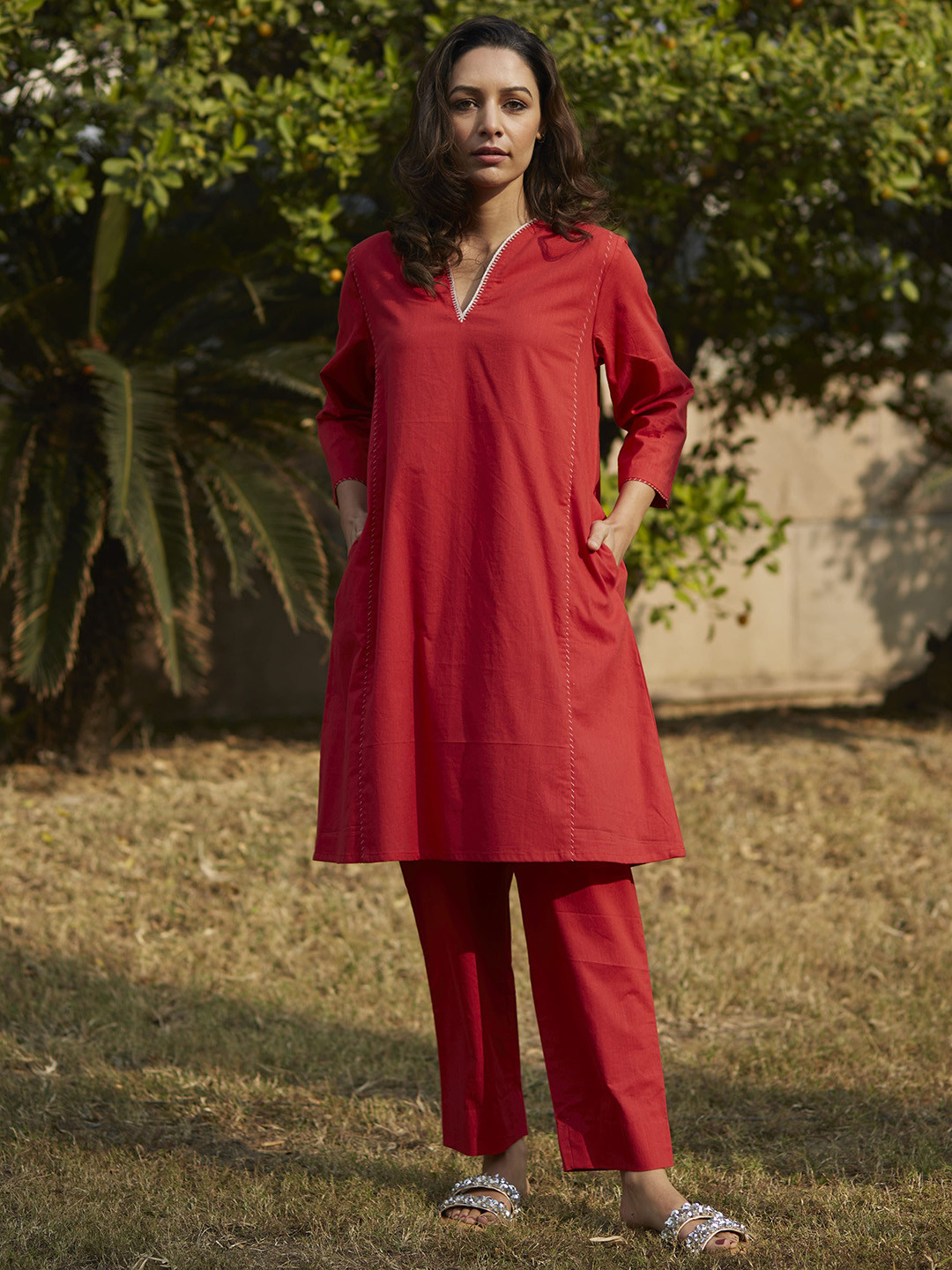 

Raas by Ekta V Neck Embroidered Tunic & Trousers Co-ords, Red