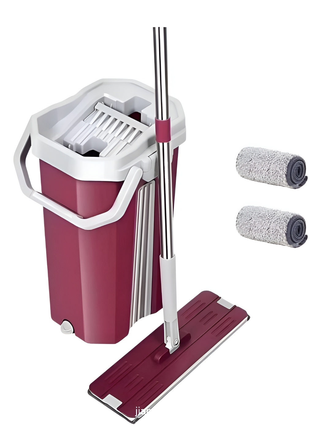 upkaranwale Maroon & White Solid Plastic Floor Cleaning Flat Mop and Bucket Set