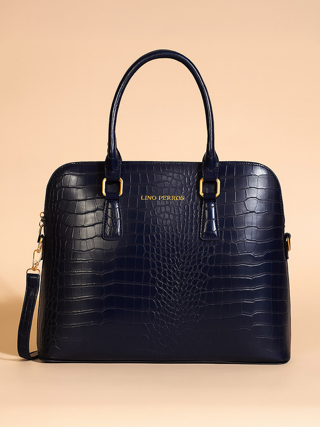Lino Perros Women Black Croc-Textured Laptop Bag with Detachable Sling Strap