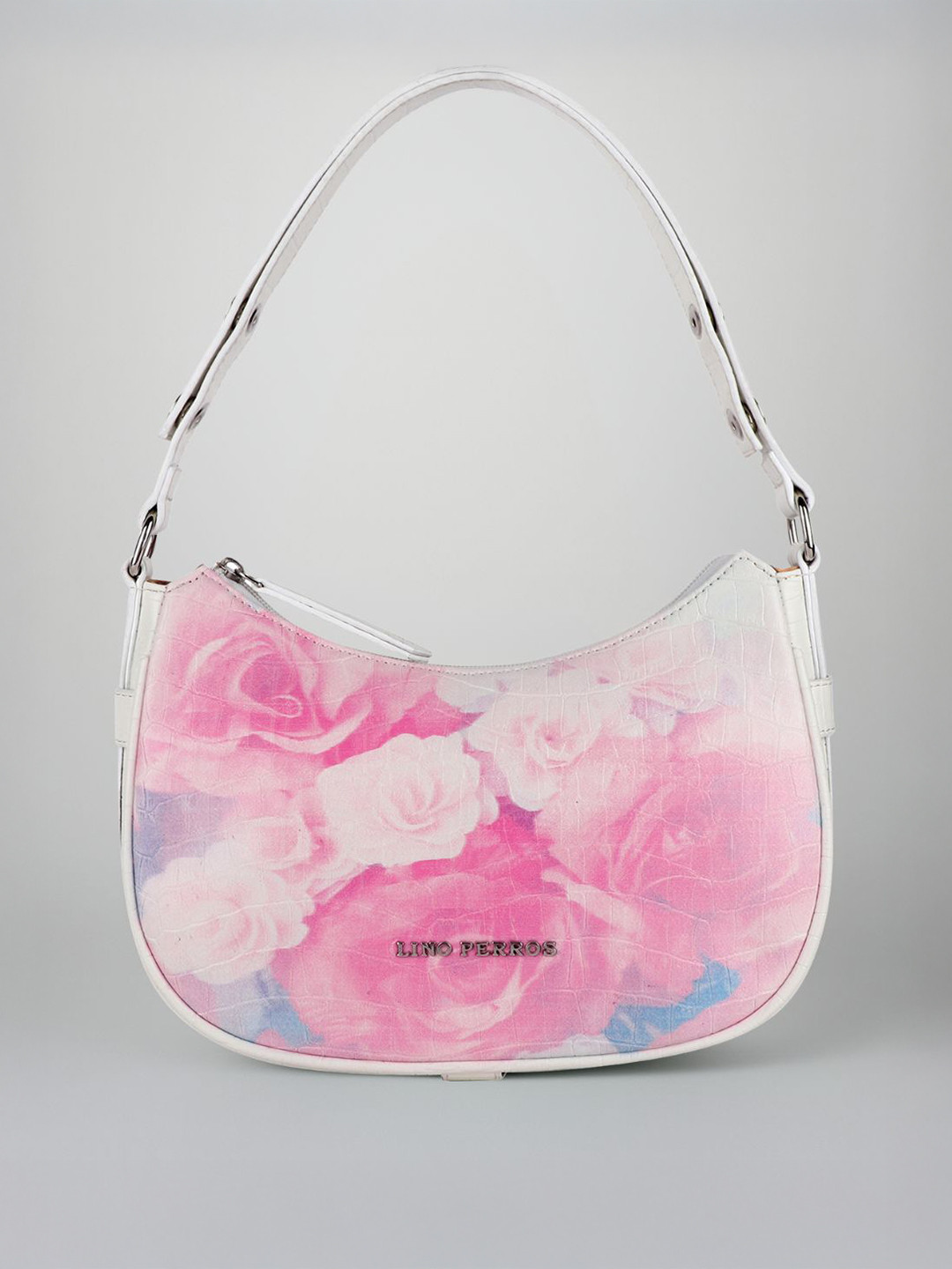 Lino Perros Women Off-White & Pink Floral Printed Croc Textured Structured Baguette Bag
