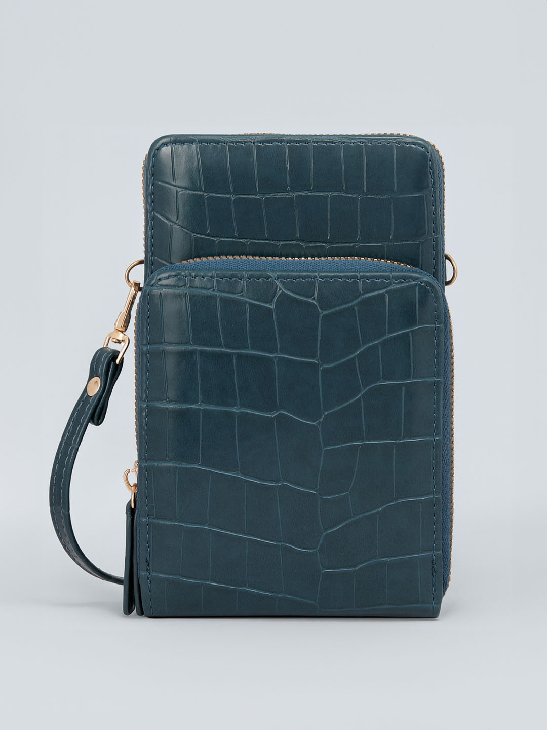 Lino Perros Teal Blue Croc Textured Structured Sling Bag with Detachable Sling Strap