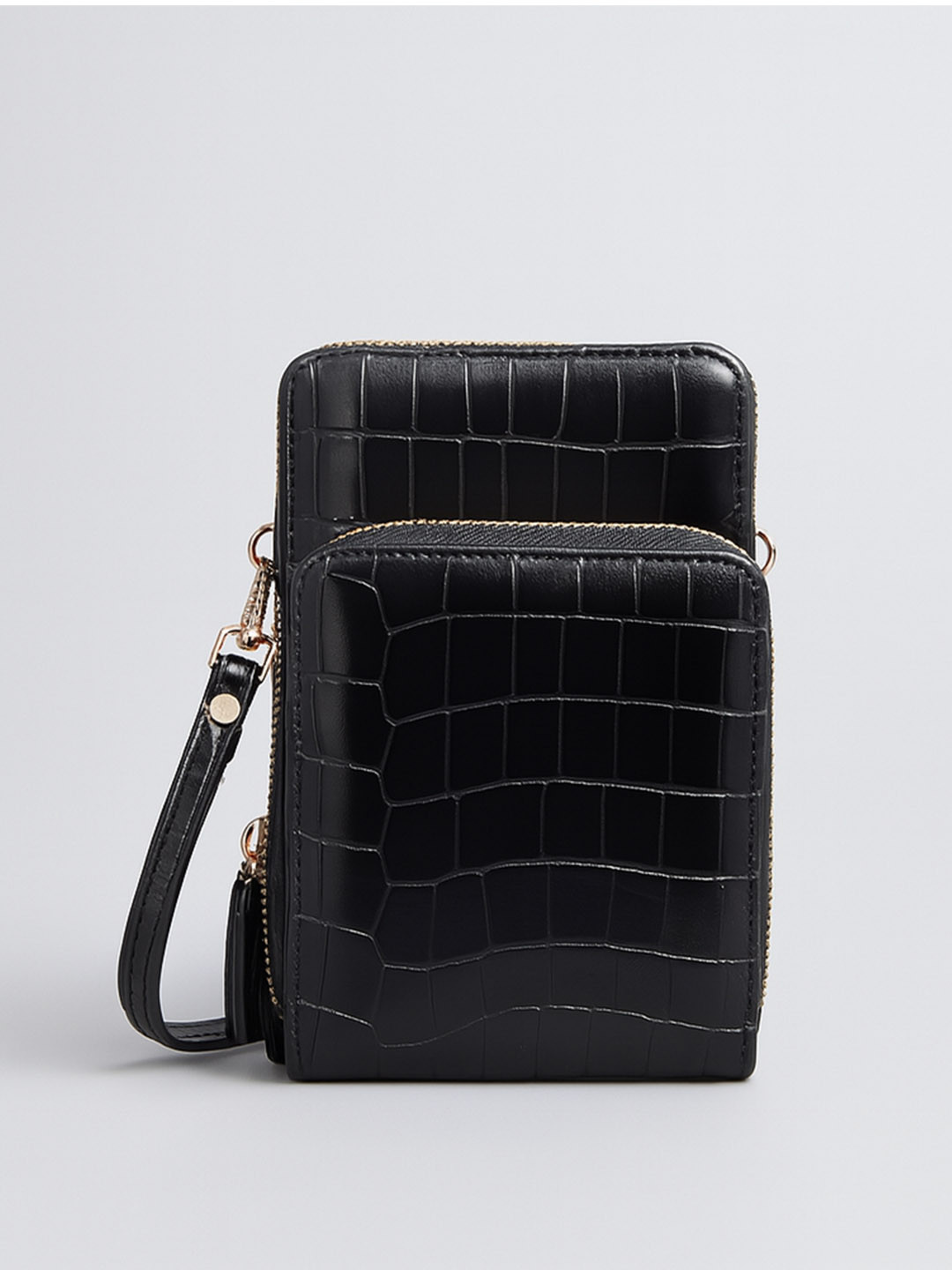 Lino Perros Black Croc Textured Structured Sling Bag with Detachable Sling Strap