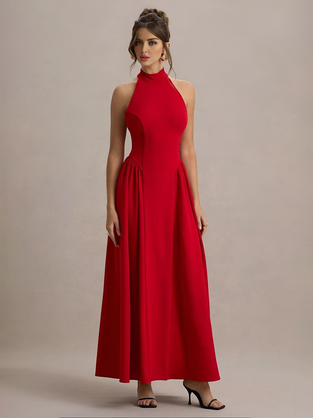 R.Code by The Roadster Life Co. Women Pleated High Neck Fit & Flare Maxi Dress