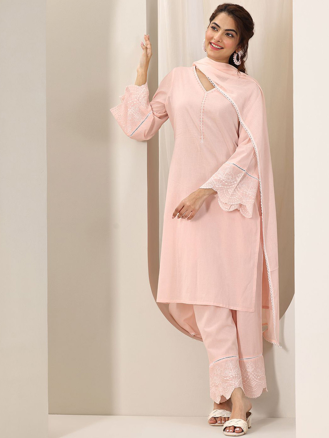 Libas Floral Embroidered V-Neck Thread Work Straight Kurta With Palazzos & Dupatta
