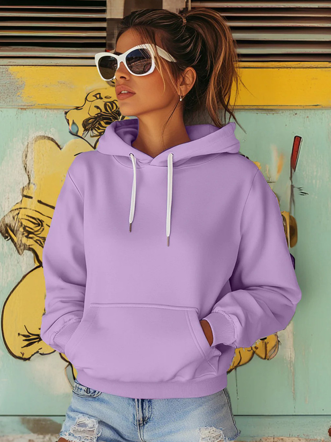 JUNEBERRY Women Purple Cotton Fleece Regular Fit Hooded Pullover Sweatshirt