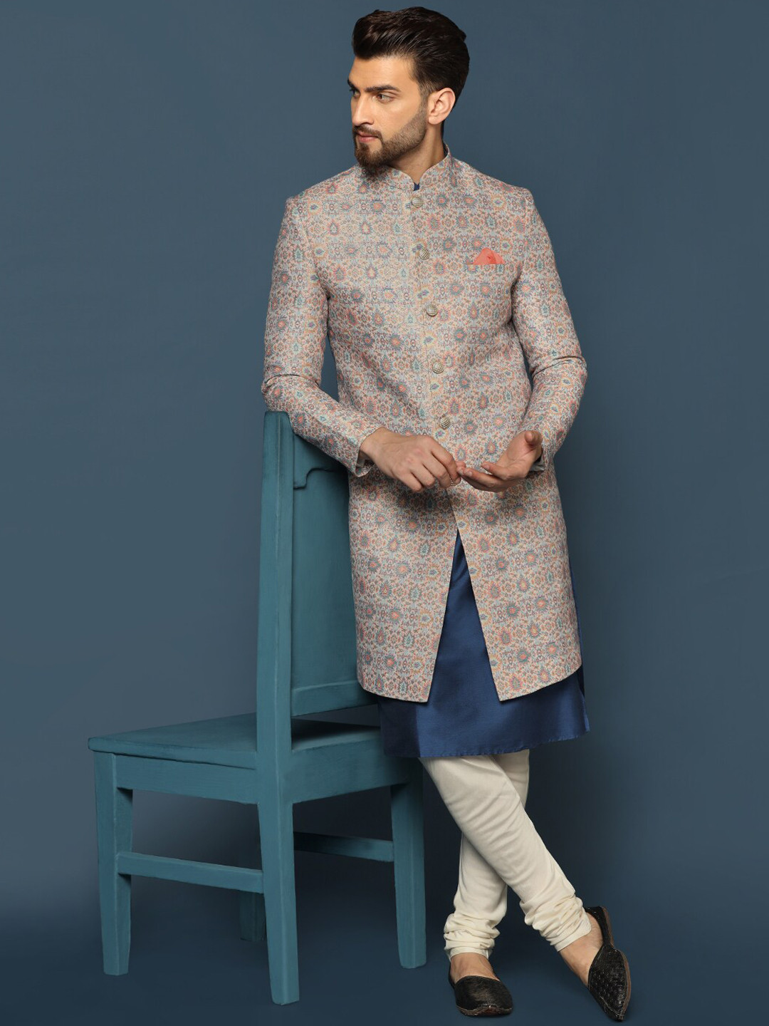 KISAH Men Self-Design Cotton Indowestern Sherwani Set