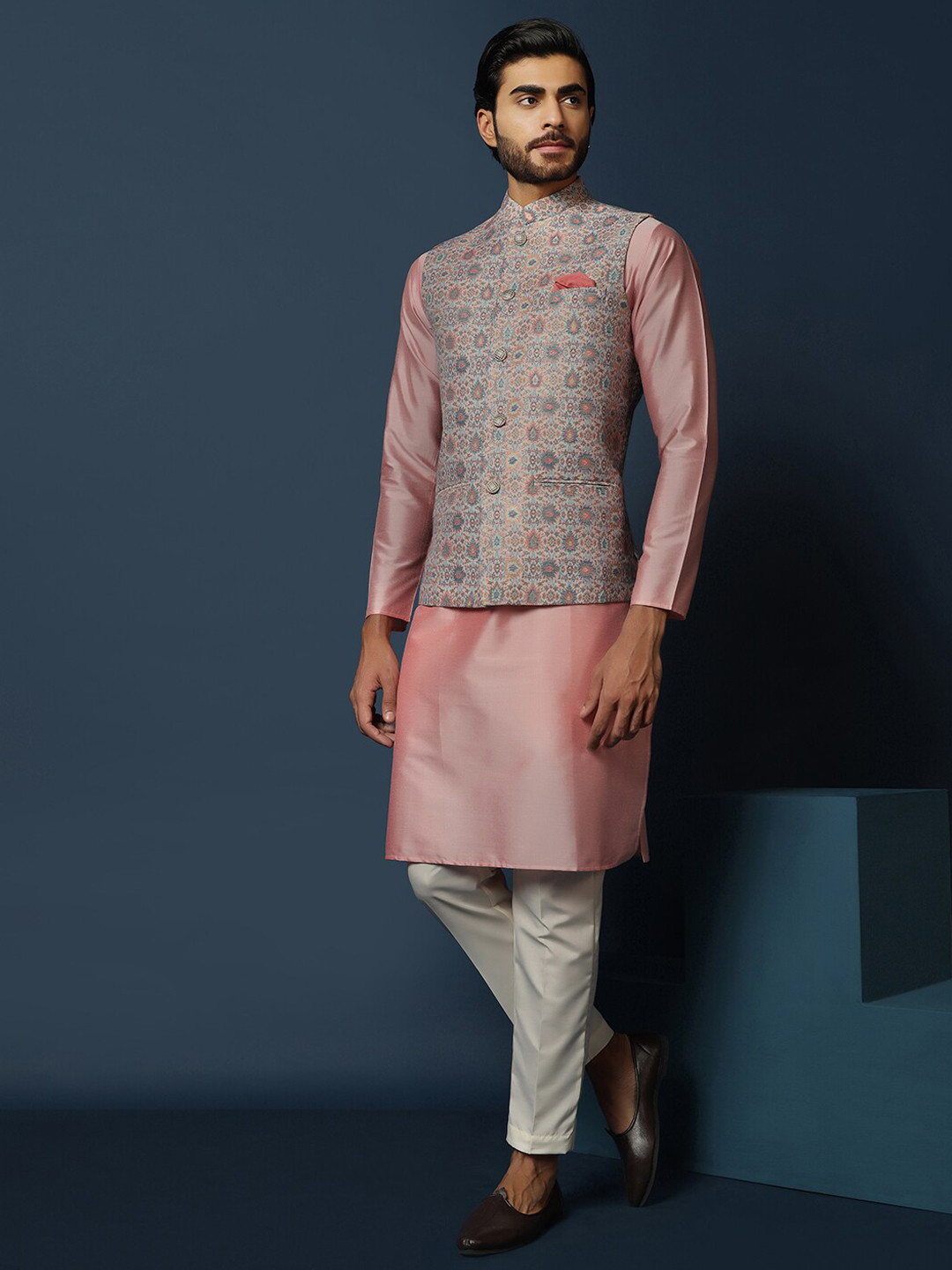 KISAH Mandarin Collar Regular Kurta with Trousers & Printed Nehru Jacket