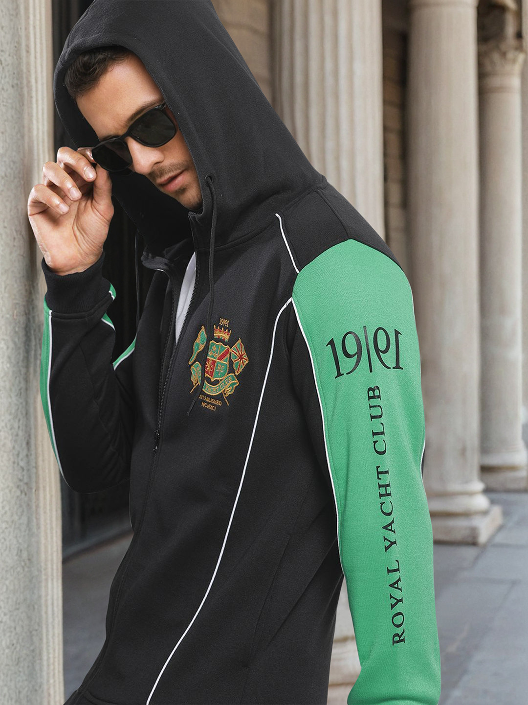 The Indian Garage Co Men Black Embroidered Hooded Sweatshirt