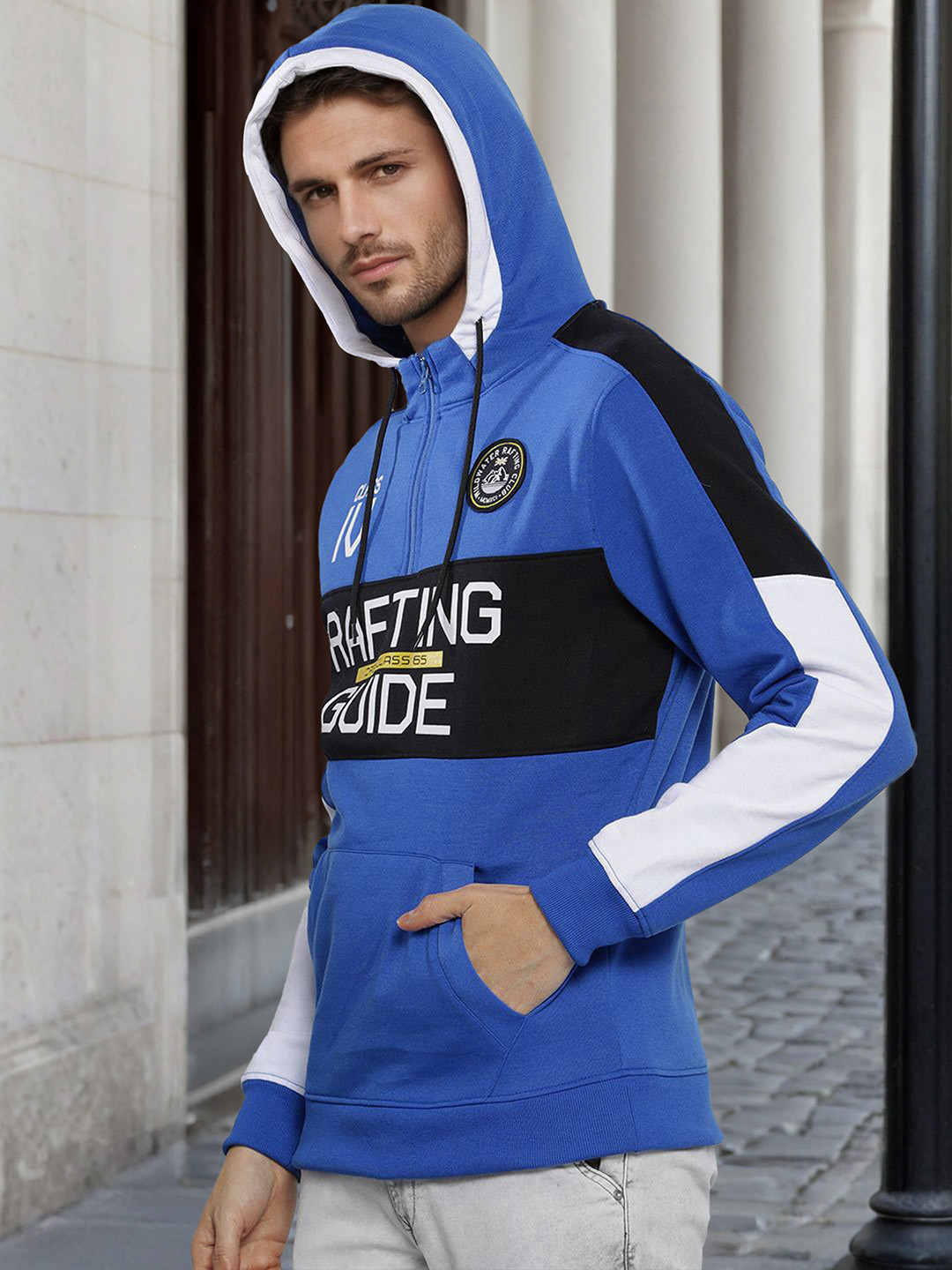 The Indian Garage Co Men Blue & Black Printed Hooded Sweatshirt