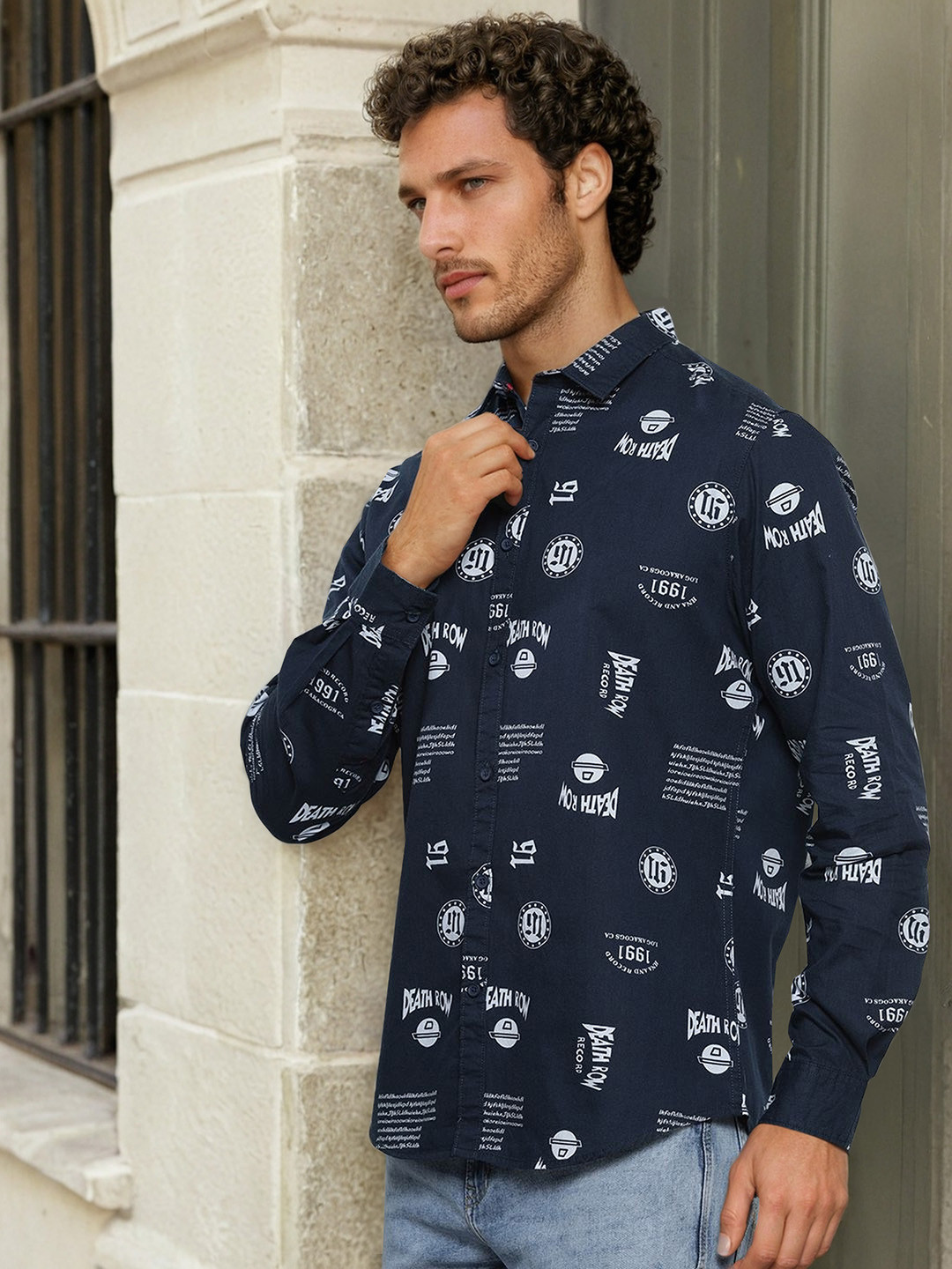 The Indian Garage Co Men Navy Blue & White Printed Cotton Regular Fit Shirt