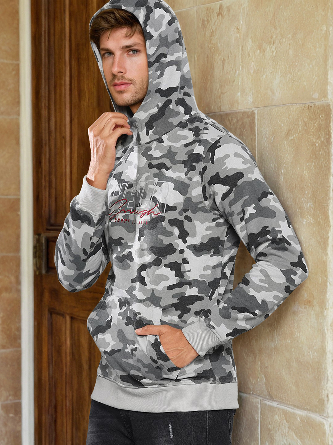 The Indian Garage Co Men Grey & Black Printed Hooded Sweatshirt