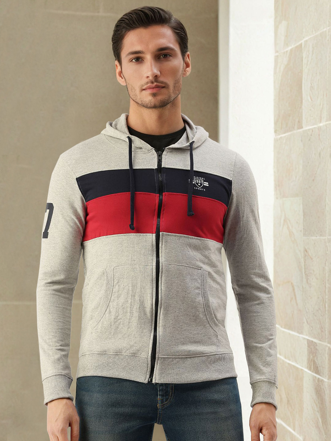 The Indian Garage Co Men Grey Melange & Navy Blue Colourblocked Hooded Sweatshirt