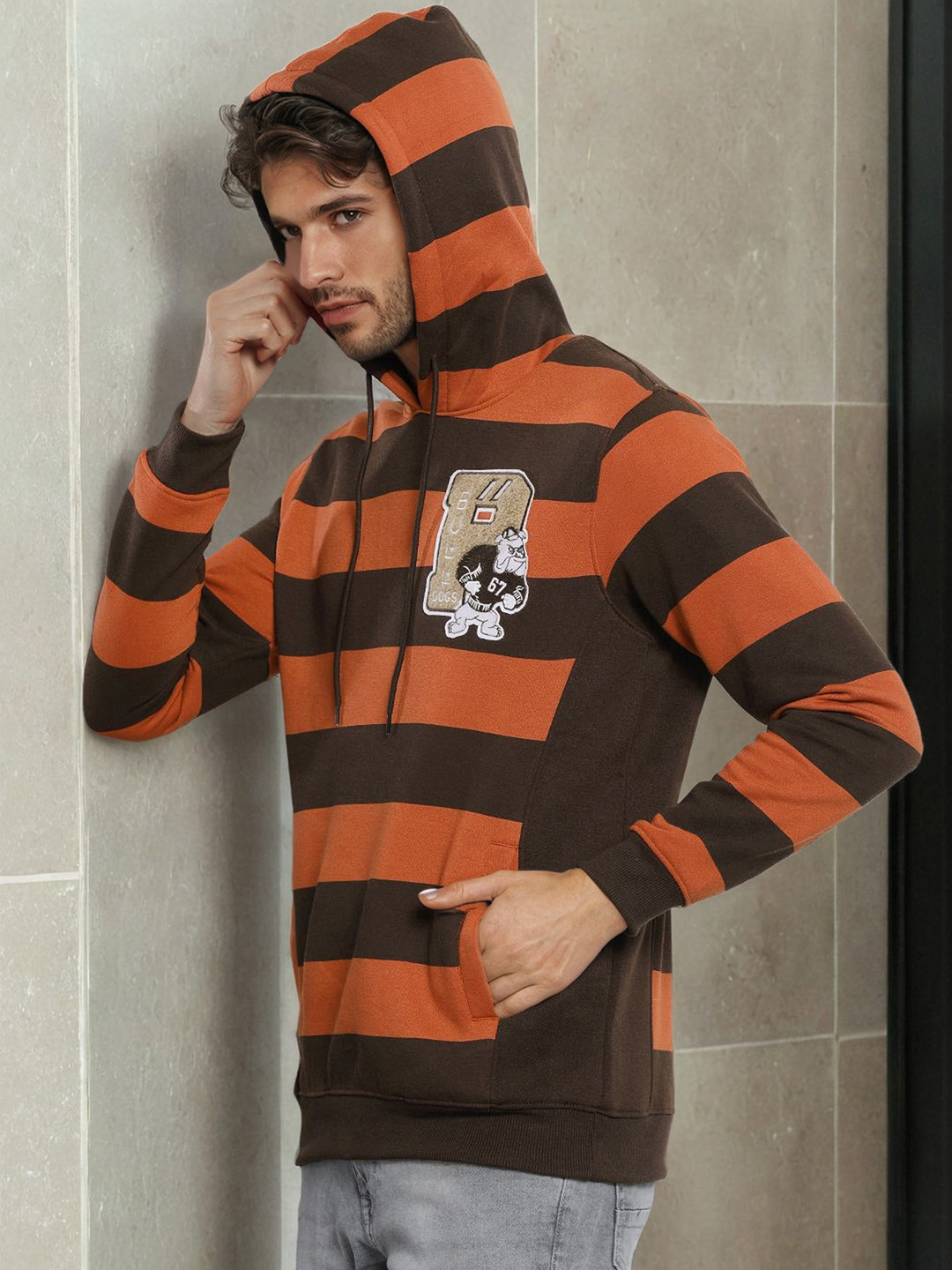 The Indian Garage Co Men Striped Hooded Sweatshirt