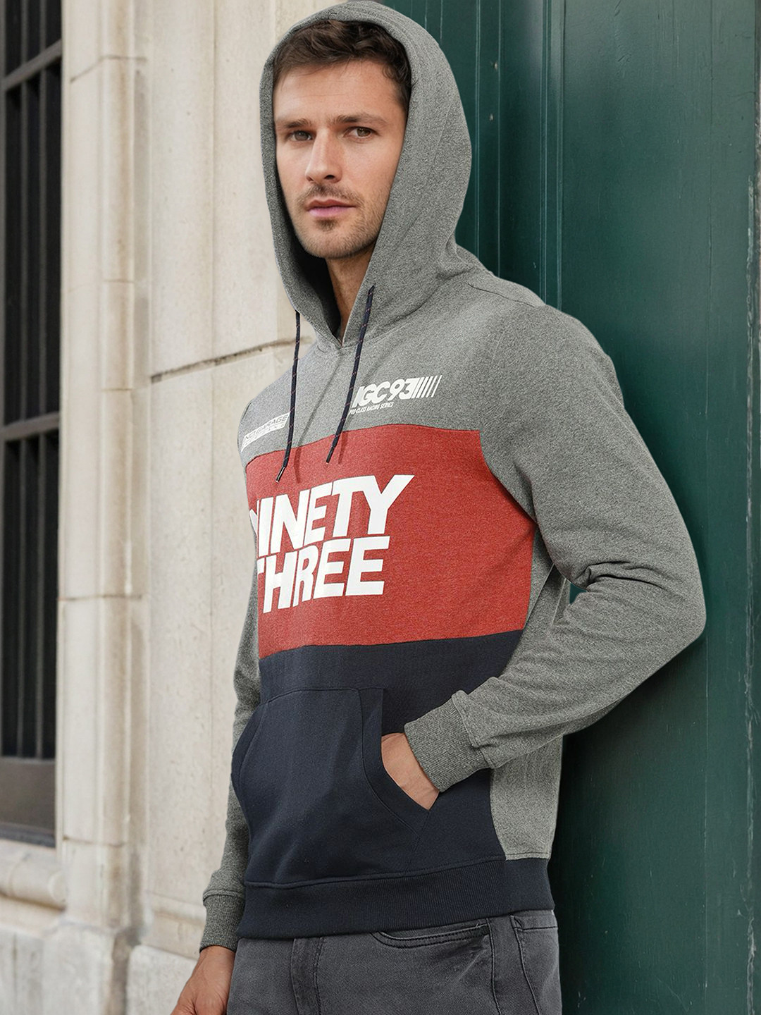 The Indian Garage Co Men Charcoal Colourblocked Hooded Sweatshirt