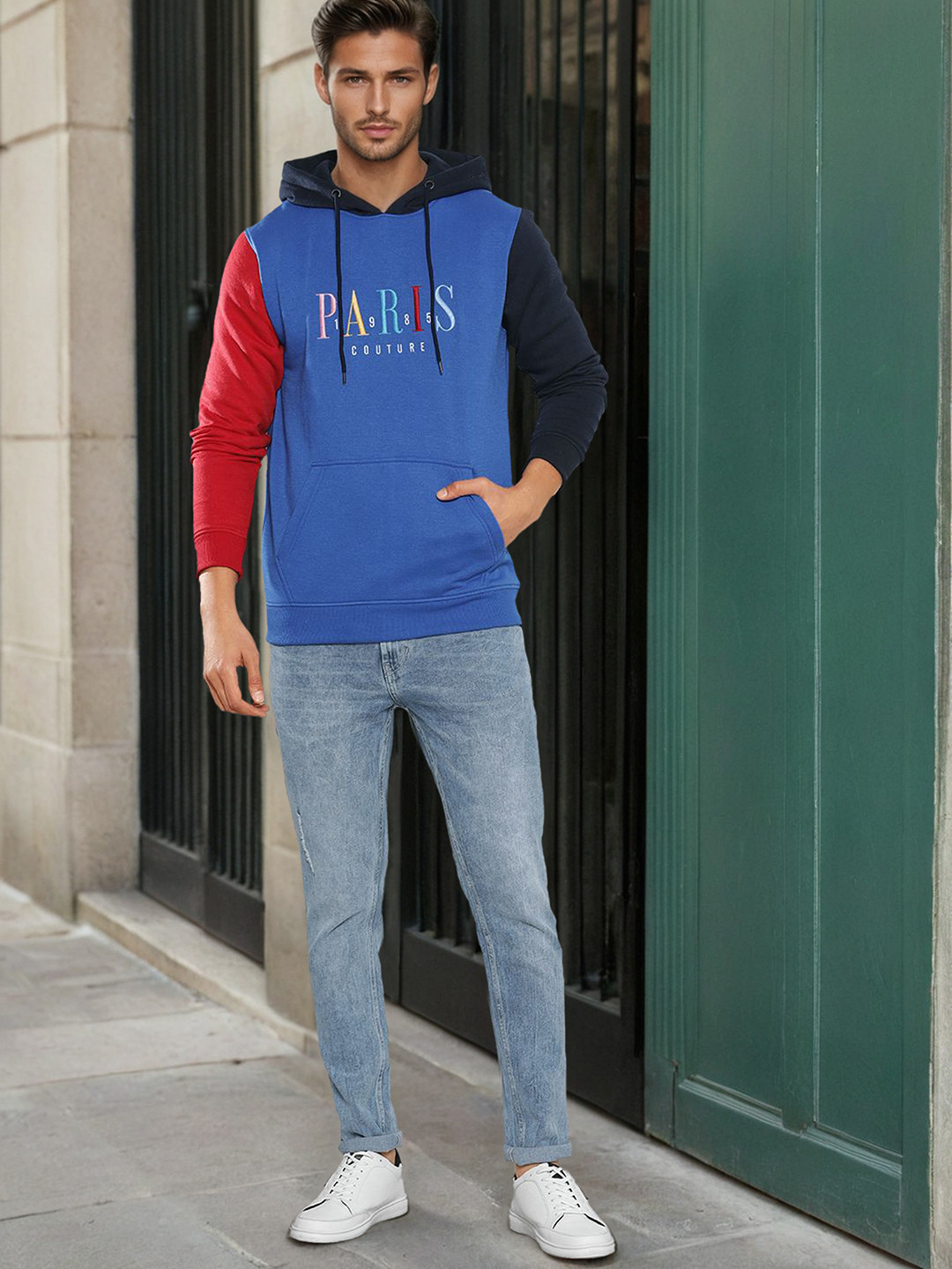 The Indian Garage Co Men Blue & Red Embroidered Hooded Sweatshirt