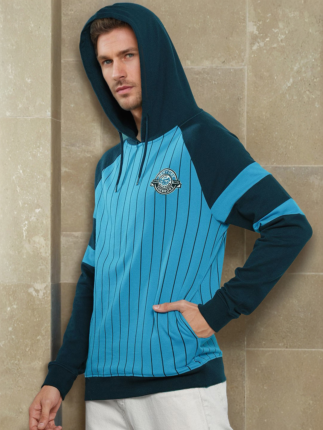 The Indian Garage Co Men Blue Striped Hooded Sweatshirt