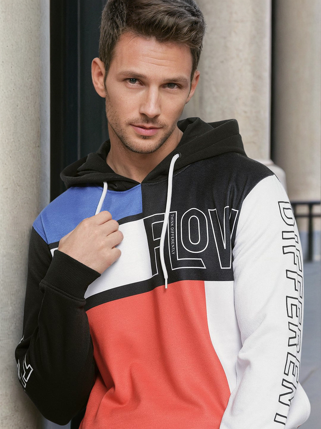 The Indian Garage Co Men Black Colourblocked Hooded Sweatshirt