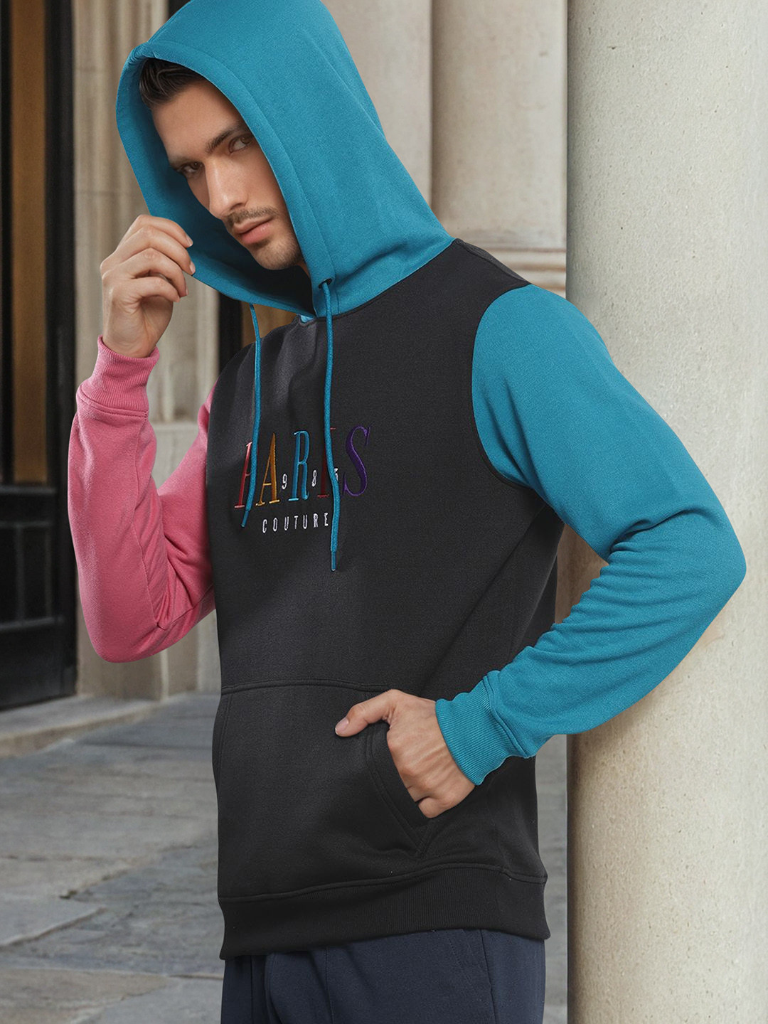 The Indian Garage Co Men Black Embroidered Hooded Sweatshirt