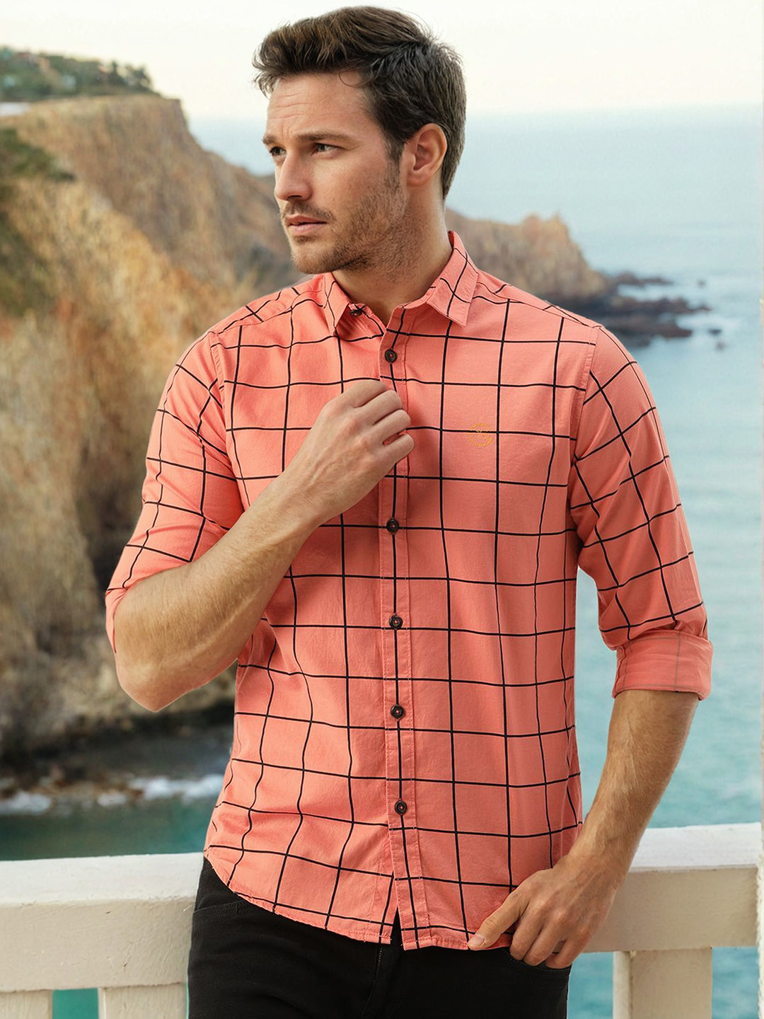 The Indian Garage Co Men Orange & Black Slim Fit Checked Casual Shirt