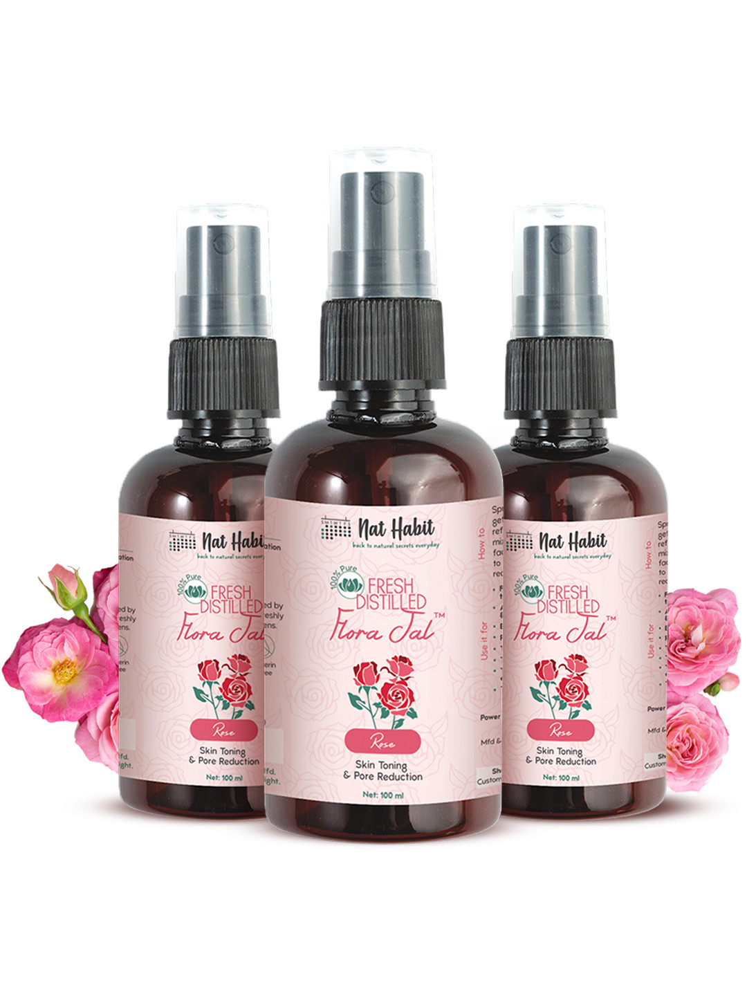 Nat Habit 3Pcs 100% Pure Gulab Jal Rose Water for Pore Reduction & Acne Control-100ml each