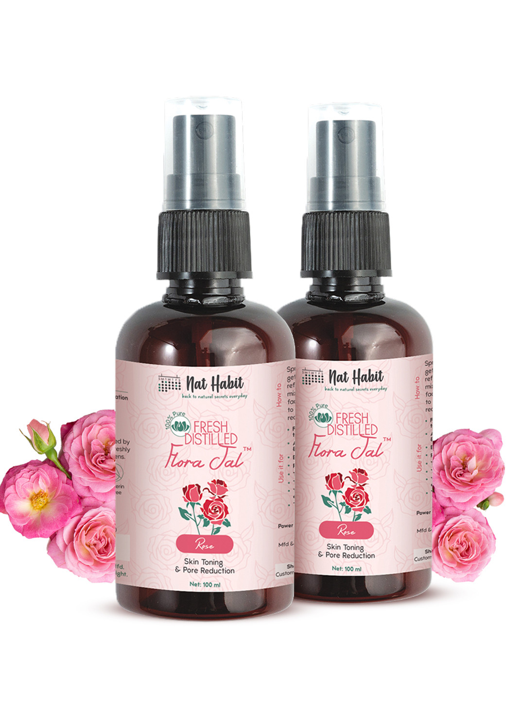 Nat Habit 2Pcs 100% Pure Gulab Jal Rose Water for Pore Reduction & Hydration - 100ml each